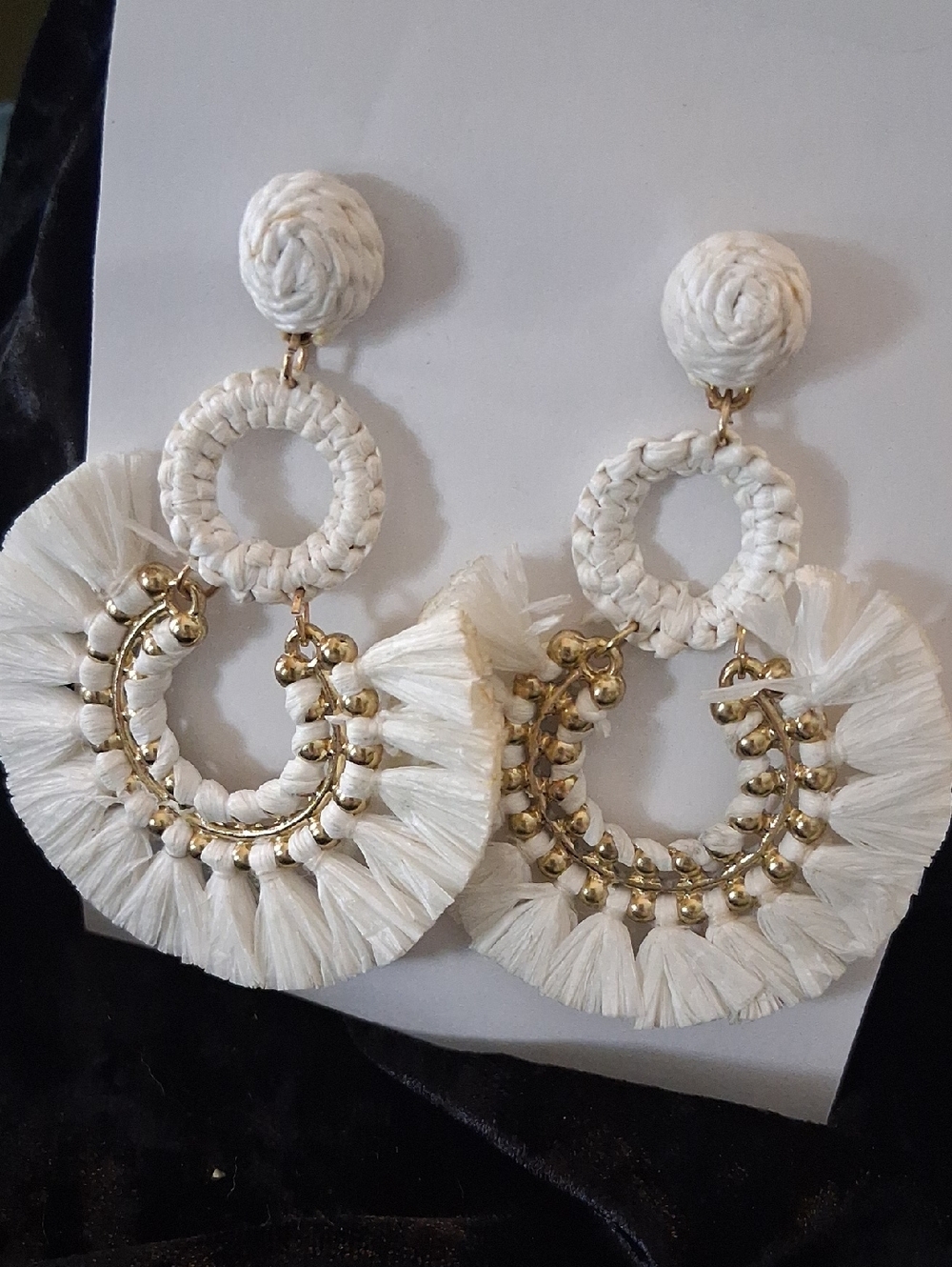 Handmade White Raffia Fringe Hoop Earrings - Lightweight Statement Jewelry Boho